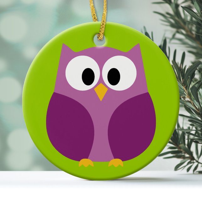 Cute Owl Cartoon - purple and green Ceramic Ornament (Personalized Ornament - Owl)
