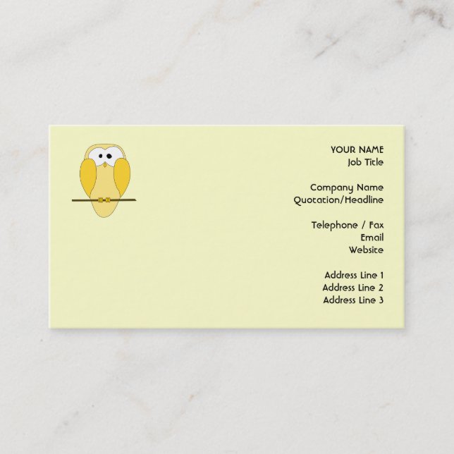 Cute Owl Cartoon. Yellow. Business Card (Front)