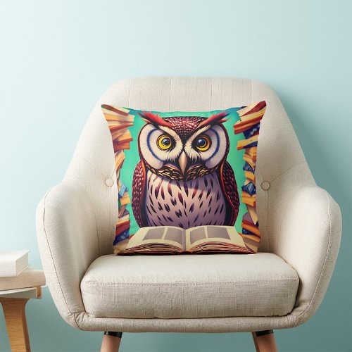 Cute owl character reading book  Throw pillow