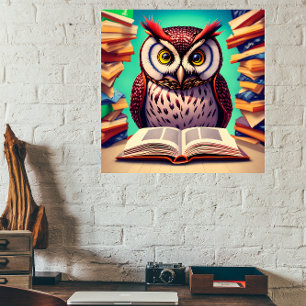 Cute owl character reading book Wood Wall Art