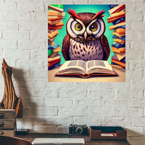 Cute owl character reading book  Wood Wall Art