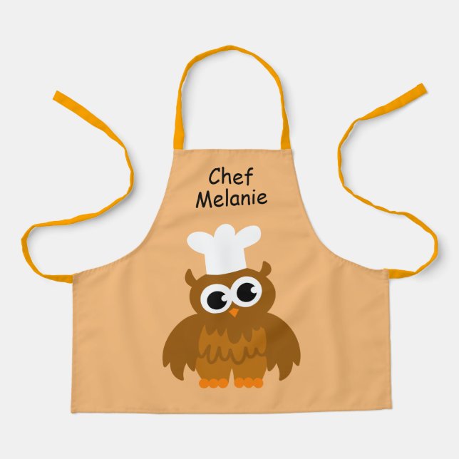 Cute owl chef cartoon kitchen apron for kids (Front)