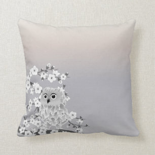 Cute Owl Cherry Blossom Beige Taupe White Throw Pillow