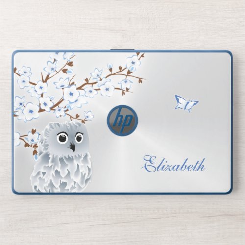 Cute Owl Cherry Blossom Monogram Silver HP Laptop  HP Laptop Skin