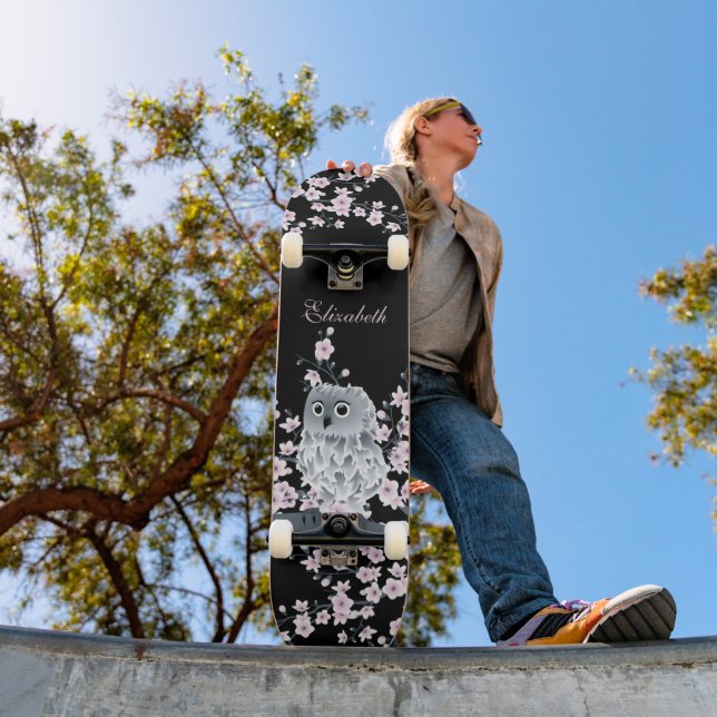 Cute Owl Cherry Blossom Pink Black Add Name Skateboard (Outdoor 1)