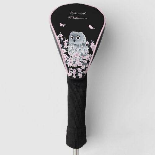 Cute Owl Cherry Blossom Pink Black  Golf Head Cover