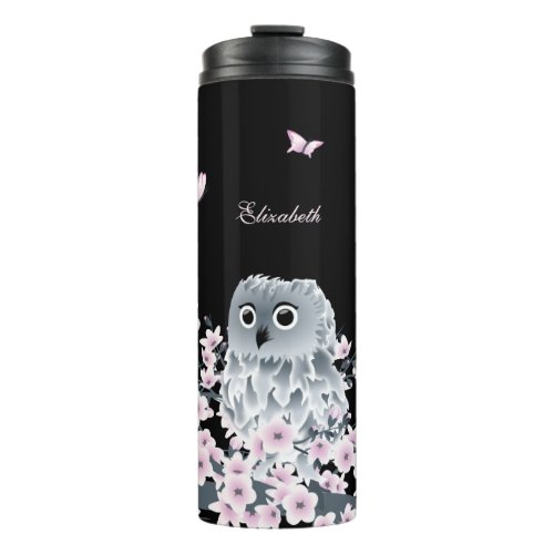 Cute Owl Cherry Blossom Pink Black  Thermal Tumbler