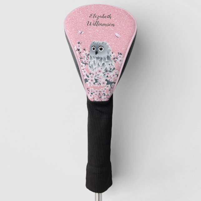Cute Owl Cherry Blossom Pink Glitter Golf Head Cover (Front)