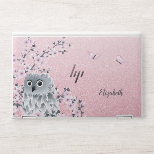 Cute Owl Cherry Blossom Pink Glitter  HP Laptop Skin