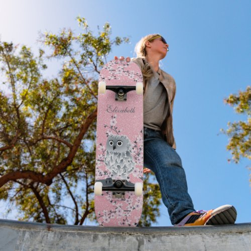 Cute Owl Cherry Blossom Pink Glitter Monogram Skateboard