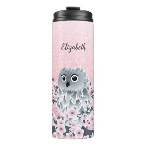 Cute Owl Cherry Blossom Pink Glitter Thermal Tumbler