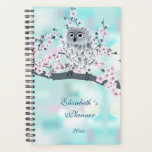 Cute Owl Cherry Blossom Pink Turquoise Add Name  Planner<br><div class="desc">Cute baby owl and blush pink cherry branch on a turquoise bokeh background. This elegantly designed product of daily use can be bought as a gift for teen girls or women. Customize it with a name and the year.</div>
