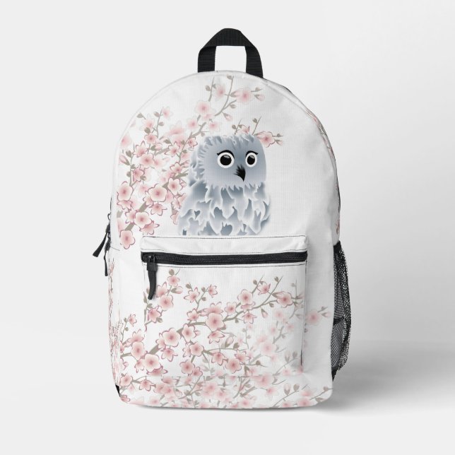 Cute Owl Cherry Blossom Printed Backpack (Front)