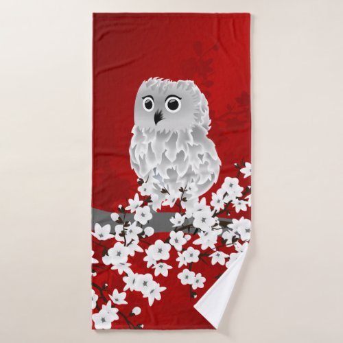 Cute Owl Cherry Blossom Red Black White Bath Towel
