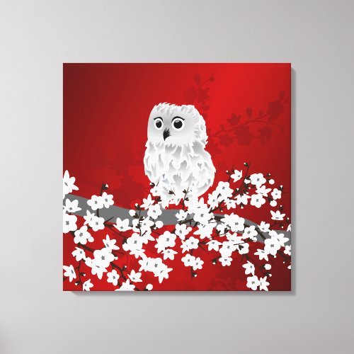 Cute Owl Cherry Blossom Red Black White Canvas Print