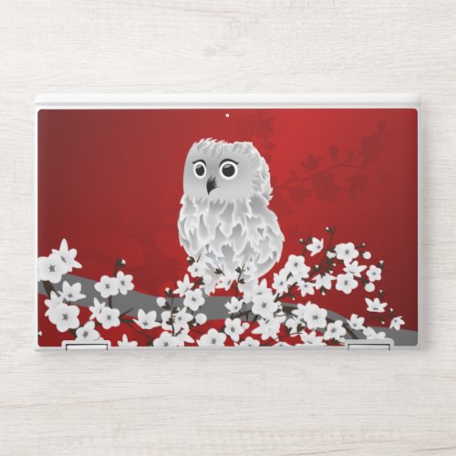 Cute Owl Cherry Blossom Red Black White HP Laptop Skin