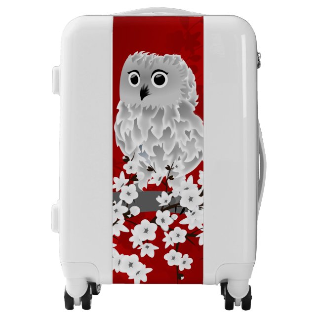 Cute Owl Cherry Blossom Red Black White Luggage (Front)
