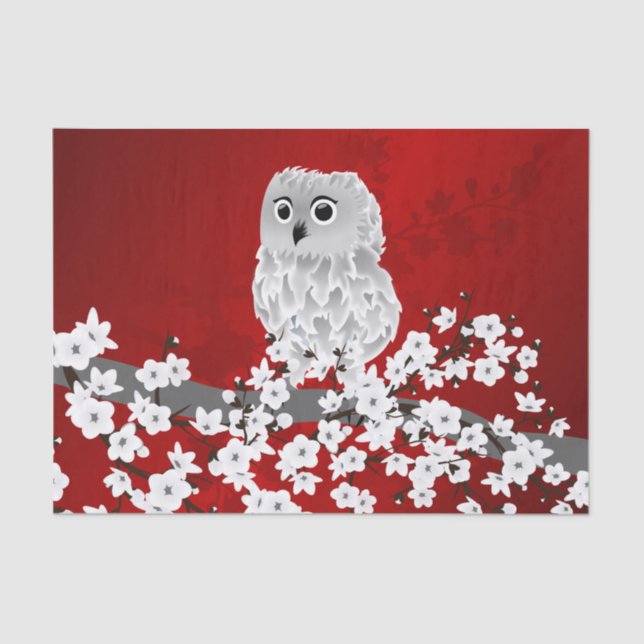 Cute Owl Cherry Blossom Red Black White Tissue Paper (Front)