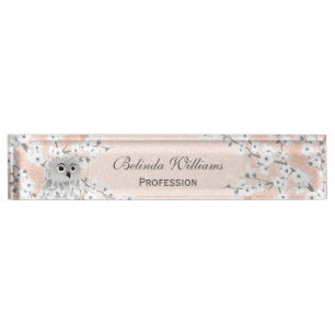 Cute Owl Cherry Blossom Rose Gold Glitter Teacher Desk Name Plate