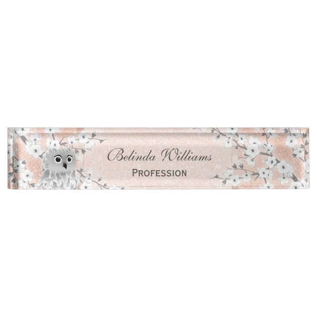 Cute Owl Cherry Blossom Rose Gold Glitter Teacher Desk Name Plate (Front)
