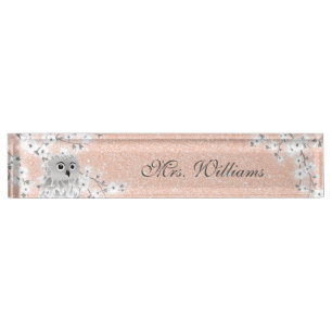 Cute Owl Cherry Blossom Rose Gold Glitter Teacher  Desk Name Plate