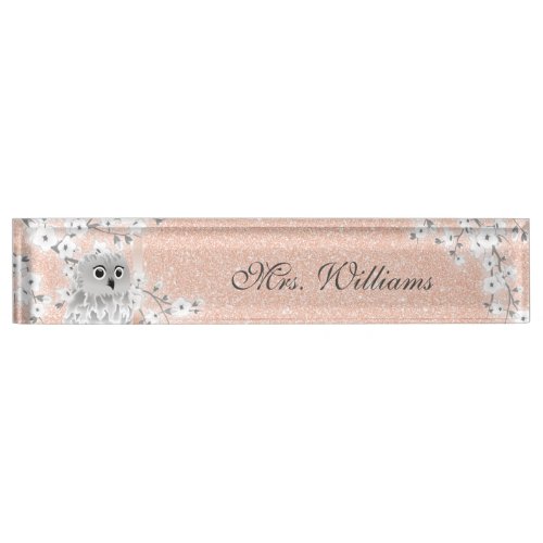 Cute Owl Cherry Blossom Rose Gold Glitter Teacher  Desk Name Plate