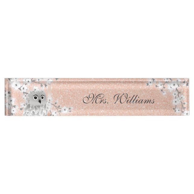 Cute Owl Cherry Blossom Rose Gold Glitter Teacher  Desk Name Plate (Front)