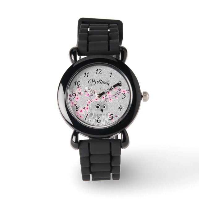 Cute Owl Cherry Blossom Silver Glitter Monogram  Watch (Front)