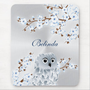 Cute Owl Cherry Blossom Silver White Monogram Mouse Pad