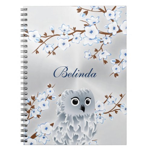 Cute Owl Cherry Blossom Silver White Notebook