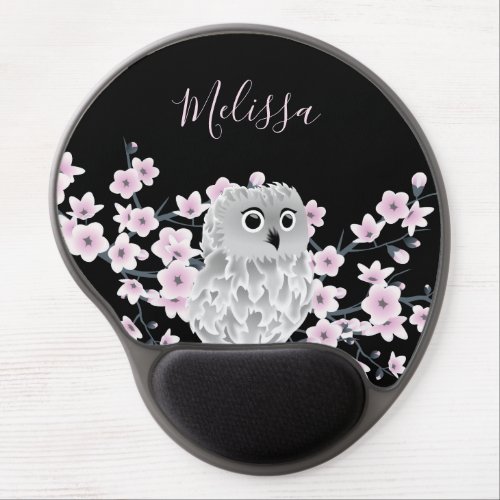 Cute Owl Cherry Blossoms Black Pink Add Name Gel Mouse Pad