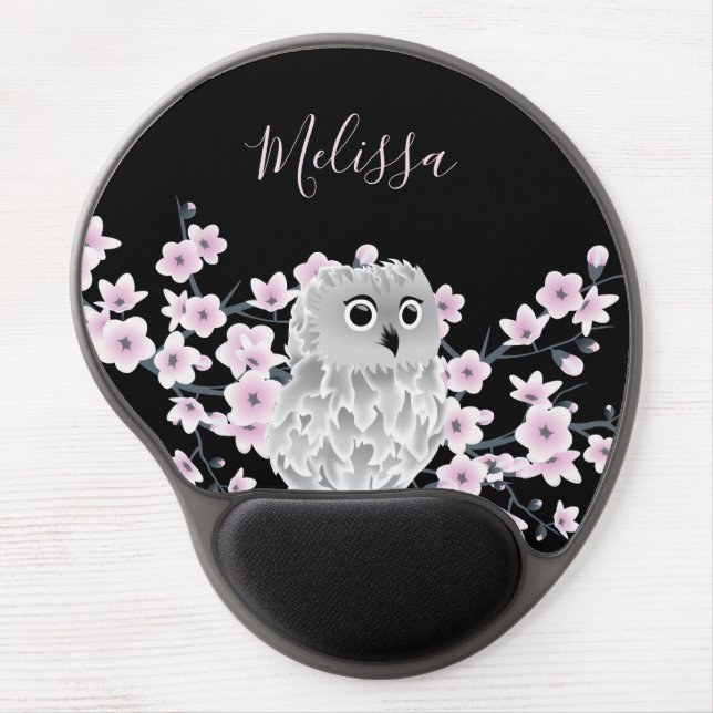 Cute Owl Cherry Blossoms Black Pink Add Name Gel Mouse Pad (Front)