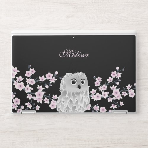 Cute Owl Cherry Blossoms Black Pink Add Name  HP Laptop Skin