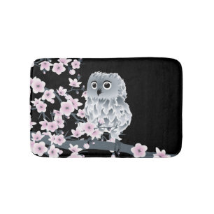 Cute Owl Cherry Blossoms Black Pink Bath Mat