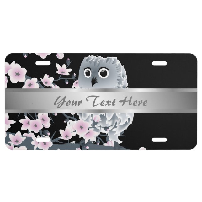Cute Owl Cherry Blossoms Black Pink License Plate (Front)