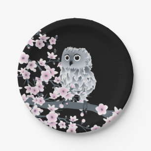 Cute Owl Cherry Blossoms Black Pink Paper Plates