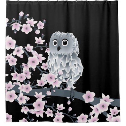 Cute Owl Cherry Blossoms Black Pink Shower Curtain