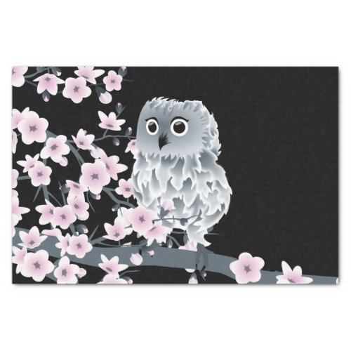 Cute Owl Cherry Blossoms Black Pink Tissue Paper
