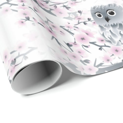 Cute Owl Cherry Blossoms Pattern Wrapping Paper