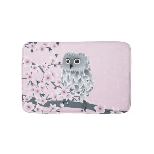 Cute Owl Cherry Blossoms Pink Girly Bath Mat