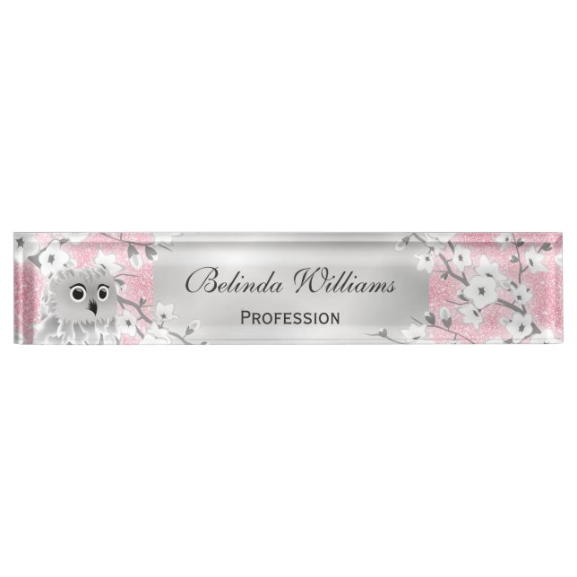 Cute Owl Cherry Blossoms Pink Glitter Silver Desk Name Plate (Front)