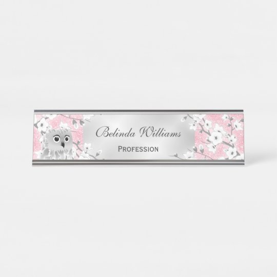 Cute Owl Cherry Blossoms Pink Glitter Silver Desk Name Plate