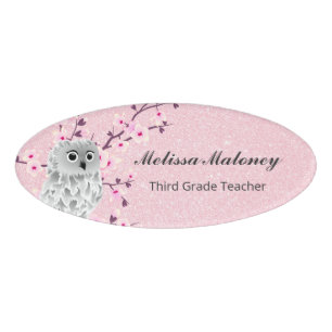 Cute Owl Cherry Blossoms Pink Glitter Teacher Name Tag