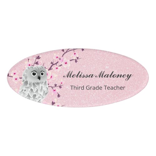 Cute Owl Cherry Blossoms Pink Glitter Teacher Name Tag