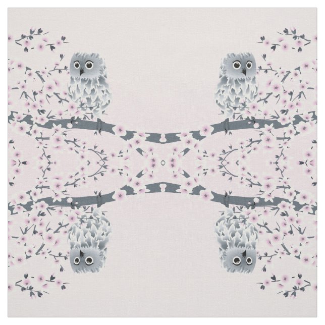 Cute Owl Cherry Blossoms Pink Gray Fabric (Swatch)