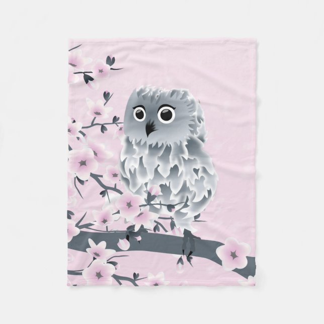 Cute Owl Cherry Blossoms Pink Gray Floral Fleece Blanket (Front)