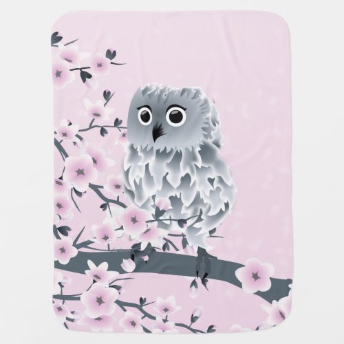 Cute Owl Cherry Blossoms Pink Gray Floral Swaddle Blanket