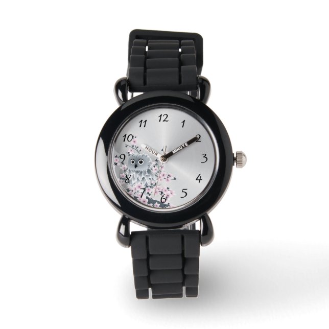 Cute Owl Cherry Blossoms Pink Kids Numbers Watch (Front)