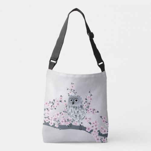 Cute Owl Cherry Blossoms Pink Silver Crossbody Bag