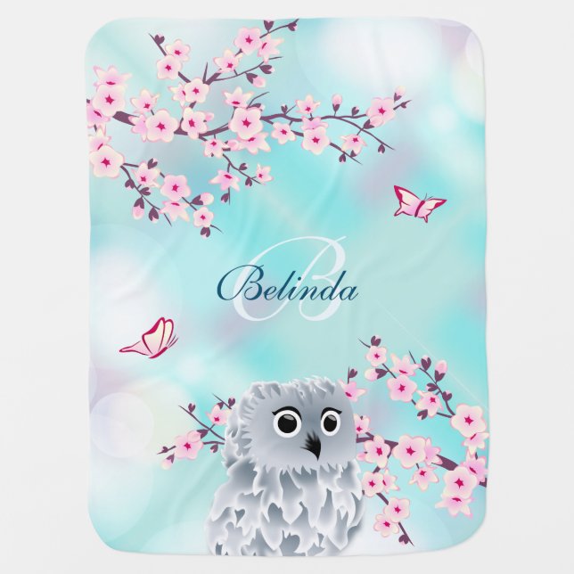 Cute Owl Cherry Blossoms Pink Turquoise Monogram  Baby Blanket (Front)